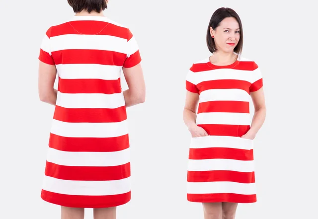 Schnittmuster A-Linienkleid aus Streifenstoff mit Eingriffstaschen nähen Schnittmuster A-Linienkleid aus Streifenstoff mit Eingriffstaschen nähen