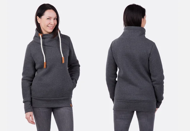 Schnittmuster mit Wickelkragen-Pullover aus Wintersweat Vorder-und Hinteransicht Schnittmuster mit Wickelkragen-Pullover aus Wintersweat Vorder-und Hinteransicht