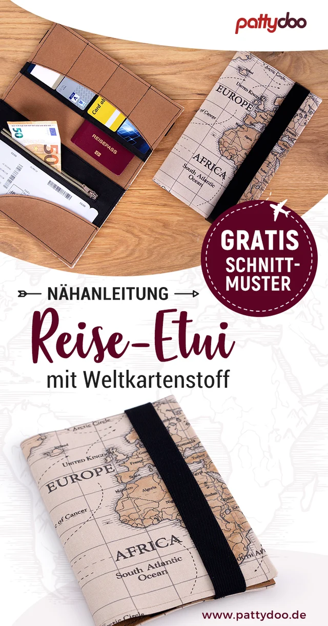 Anleitung DIY-Tutorial Freebie Reise-Etui Mappe Weltkartenstoff
