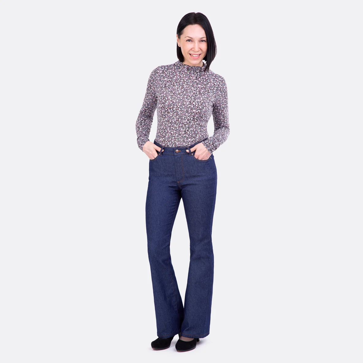 High Waist Jeans Schlaghose selber nähen Stretch Denim dunkelblau meliert