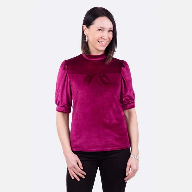 Schnittmuster Damenshirt aus Samt mit Stehkragen und Puffärmeln festliches Outfit nähen